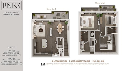 Floor plan for 2 beds, 2.5 baths, 1585 sqft